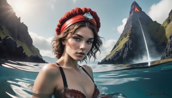 1girl,solo,breasts,looking at viewer,short hair,blue eyes,brown hair,cleavage,bare shoulders,medium breasts,collarbone,swimsuit,upper body,bikini,outdoors,sky,day,cloud,water,bra,blue sky,lips,bird,scar,sunlight,partially submerged,reflection,mountain,realistic,nose,sun,watercraft,boat,hat,underwear,scenery,bandana,waterfall,pirate