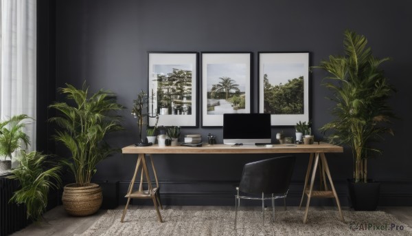 sky,day,indoors,tree,cup,book,no humans,window,chair,table,plant,curtains,scenery,wooden floor,mug,potted plant,computer,television,monitor,shelf,flower pot,desk,lamp,laptop