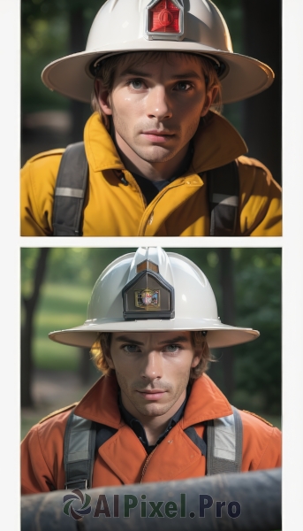 looking at viewer,short hair,brown hair,shirt,1boy,hat,closed mouth,jacket,upper body,male focus,outdoors,day,blurry,black eyes,lips,looking to the side,blurry background,facial hair,white headwear,helmet,beard,meme,realistic,stubble,orange jacket,reference inset,hardhat,blue eyes,blonde hair,brown eyes,comic,tree,multiple views,backpack,portrait,zipper,nose,2koma,animification,split screen