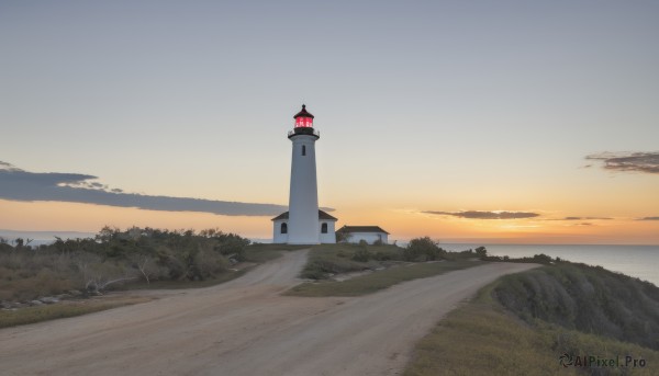 outdoors,sky,cloud,water,tree,no humans,cloudy sky,grass,building,nature,scenery,sunset,mountain,horizon,clock,road,house,river,tower,landscape,path,sunrise,ocean,rock,sand,gradient sky,lighthouse