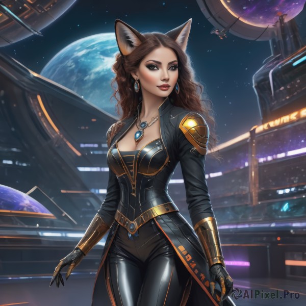 1girl,solo,long hair,breasts,looking at viewer,brown hair,gloves,animal ears,cleavage,brown eyes,jewelry,medium breasts,standing,jacket,cowboy shot,earrings,black gloves,belt,pants,artist name,cat ears,necklace,mole,lips,fox ears,bodysuit,makeup,night,wavy hair,black pants,moon,lipstick,gauntlets,star (sky),pendant,eyeshadow,red lips,space,leather,planet,earth (planet),spacecraft,leather pants,long sleeves,closed mouth,collarbone,sky,signature,armor,coat,black jacket,looking to the side,gem,forehead,starry sky,science fiction,curly hair,black coat,hoop earrings,realistic,nose,black bodysuit,tight