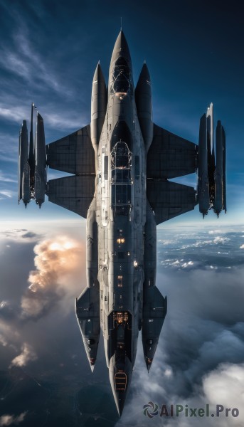 sky,day,cloud,signature,military,no humans,ocean,flying,science fiction,realistic,aircraft,military vehicle,airplane,vehicle focus,contrail,jet,cockpit,fighter jet,pilot,cloudy sky,space,planet,spacecraft,missile,above clouds