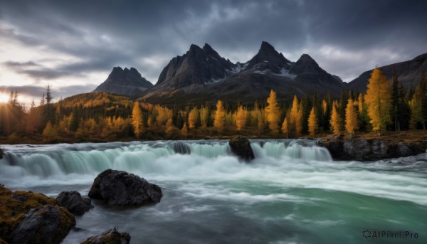 outdoors,sky,day,cloud,water,tree,no humans,cloudy sky,nature,scenery,snow,forest,rock,mountain,river,waterfall,landscape,mountainous horizon,lake,cliff,sunset