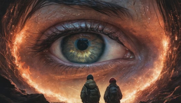 1girl,looking at viewer,short hair,blue eyes,brown hair,black hair,1boy,green eyes,standing,jacket,male focus,multiple boys,hood,2boys,bag,from behind,eyelashes,backpack,fire,slit pupils,close-up,reflection,giant,ambiguous gender,eye focus,yellow eyes,scenery