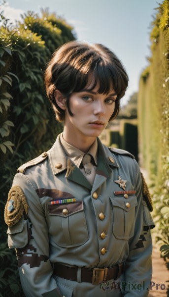 1girl,solo,looking at viewer,short hair,bangs,blue eyes,brown hair,shirt,black hair,long sleeves,closed mouth,jacket,white shirt,upper body,outdoors,necktie,sky,day,collared shirt,belt,blurry,uniform,black eyes,tree,blue sky,lips,military,military uniform,buttons,blurry background,epaulettes,pocket,realistic,nose,breast pocket,badge,military jacket,aiguillette,medal,world war ii,soldier,standing,parted lips,buckle,belt buckle,emblem,brown belt,insignia,patch,foliage