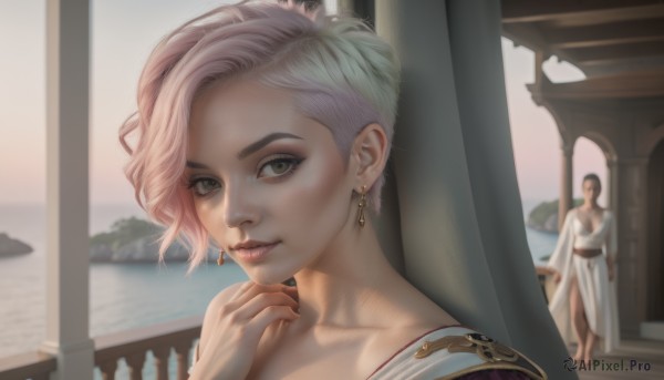 1girl,solo,looking at viewer,smile,short hair,multiple girls,dress,2girls,brown eyes,jewelry,closed mouth,green eyes,standing,collarbone,pink hair,multicolored hair,earrings,solo focus,indoors,hand up,water,blurry,lips,grey eyes,eyelashes,makeup,ocean,single hair bun,portrait,asymmetrical hair,realistic,nose,statue,mascara,1boy,white hair,outdoors,artist name,blurry background,robe,pillar