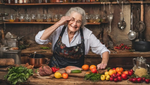 solo,looking at viewer,smile,open mouth,shirt,1boy,white shirt,white hair,grey hair,male focus,one eye closed,food,glasses,collared shirt,indoors,apron,cup,fruit,facial hair,bottle,knife,beard,hand on own face,plate,sleeves rolled up,bowl,realistic,spoon,basket,carrot,old,old man,cooking,ladle,kitchen,tomato,vegetable,counter,lettuce,potato,wrinkled skin,cutting board,onion,1girl,short hair,grin,apple,grapes,orange (fruit),banana,lemon,old woman,eggplant,radish