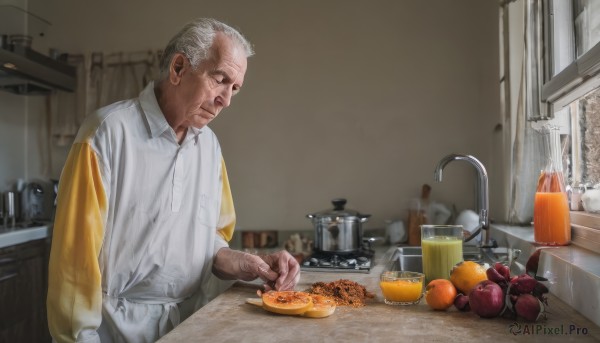 solo,short hair,shirt,long sleeves,1boy,holding,closed mouth,standing,white shirt,upper body,white hair,grey hair,male focus,food,collared shirt,indoors,apron,cup,fruit,facial hair,table,knife,steam,plate,realistic,apple,basket,old,old man,cooking,orange (fruit),kitchen,tomato,sink,faucet,stove,wrinkled skin,cutting board,window,looking down,bottle,pouring,jar