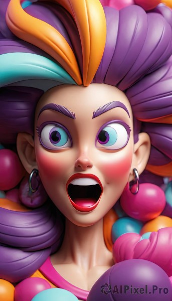 1girl,solo,long hair,looking at viewer,blush,open mouth,blue eyes,jewelry,blue hair,purple eyes,collarbone,upper body,purple hair,multicolored hair,earrings,teeth,tongue,artist name,orange hair,two-tone hair,lips,makeup,upper teeth only,thick eyebrows,lipstick,portrait,close-up,forehead,eyeshadow,hoop earrings,wide-eyed,multicolored eyes,red lips,mascara,hair strand,necklace,:o,eyelashes,clown