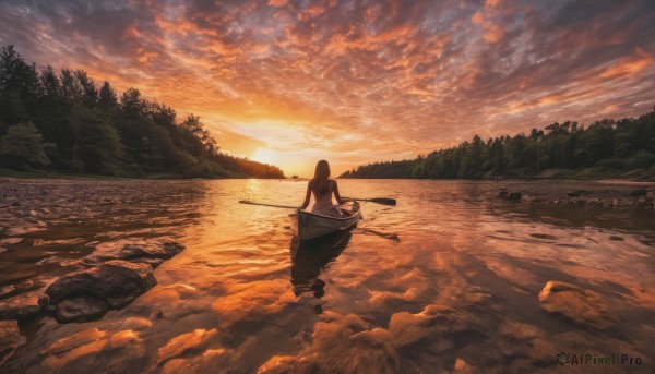 1girl, solo, long hair, outdoors, sky, cloud, water, from behind, tree, dutch angle, cloudy sky, nature, scenery, forest, reflection, sunset, rock, horizon, watercraft, river, boat