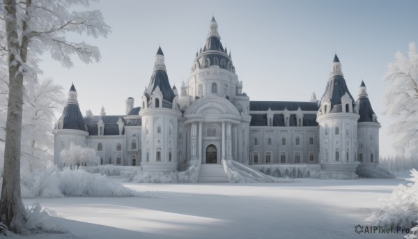 outdoors,sky,day,tree,blue sky,no humans,window,building,scenery,snow,winter,bridge,bare tree,castle,tower,church,signature,grass,fantasy,road,architecture,fog,path