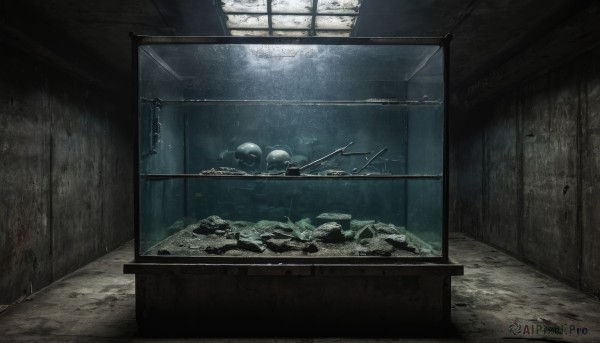 solo,indoors,water,no humans,window,scenery,rain,bubble,underwater,ruins,skull,light rays