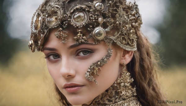 1girl,solo,long hair,looking at viewer,brown hair,jewelry,closed mouth,earrings,blurry,lips,grey eyes,eyelashes,depth of field,blurry background,portrait,realistic,nose,brown eyes,expressionless,helmet,gem,close-up,headpiece,headdress,gold