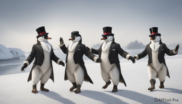 red eyes,gloves,long sleeves,hat,standing,jacket,outdoors,open clothes,black gloves,coat,no humans,black headwear,bird,animal,snow,black coat,top hat,mountain,animal focus,penguin,simple background,white background,bow,full body,sky,bowtie,vest,open jacket,black jacket,shadow,holding hands,scenery,walking,tuxedo