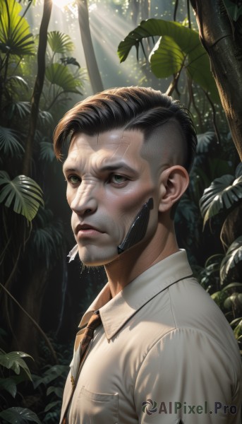 solo,looking at viewer,short hair,brown hair,shirt,black hair,1boy,green eyes,white shirt,upper body,male focus,outdoors,necktie,collared shirt,tree,lips,facial hair,leaf,sunlight,plant,nature,forest,pocket,cigarette,light rays,realistic,nose,stubble,breast pocket,sunbeam,closed mouth,artist name,expressionless,android,undercut,brown necktie