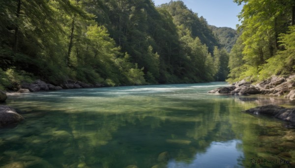 outdoors,sky,day,water,tree,blue sky,no humans,sunlight,grass,nature,scenery,forest,reflection,rock,river,landscape,lake,cloud