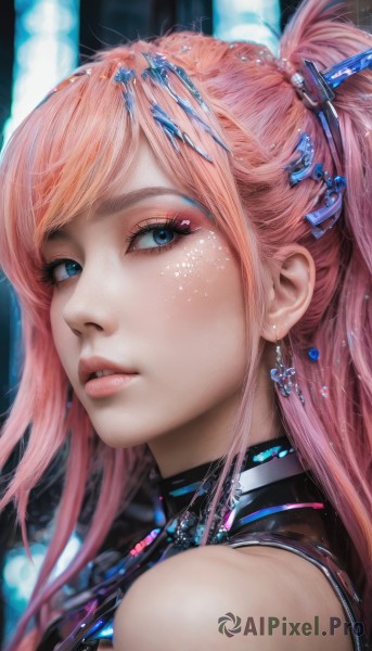 1girl,solo,long hair,looking at viewer,bangs,blue eyes,hair ornament,bare shoulders,jewelry,ponytail,pink hair,earrings,parted lips,shiny,blurry,lips,eyelashes,makeup,lipstick,gem,portrait,close-up,eyeshadow,crystal,realistic,nose,eyeliner,mascara,necklace,orange hair,from side