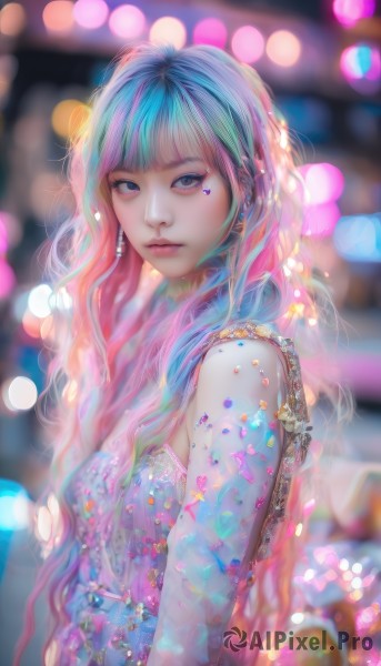 1girl,solo,long hair,breasts,looking at viewer,bangs,blue eyes,dress,jewelry,closed mouth,blue hair,upper body,pink hair,multicolored hair,earrings,artist name,blunt bangs,star (symbol),blurry,from side,two-tone hair,lips,looking to the side,eyelashes,aqua hair,gradient hair,makeup,depth of field,blurry background,wavy hair,lipstick,eyeshadow,pink lips,realistic,nose,bokeh,colorful,mascara,bare shoulders,small breasts,necklace,streaked hair,watermark,facial mark,piercing,gem,web address,lens flare