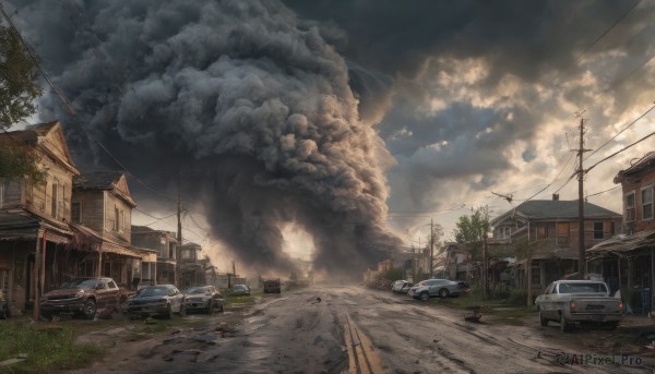 outdoors, sky, cloud, tree, no humans, cloudy sky, ground vehicle, building, scenery, motor vehicle, smoke, car, road, house, vehicle focus, power lines, street, utility pole