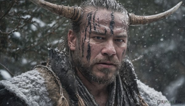 solo,looking at viewer,black hair,1boy,closed mouth,upper body,grey hair,male focus,outdoors,horns,armor,blurry,black eyes,tree,blurry background,facial hair,scar,portrait,beard,snow,snowing,realistic,old,old man,broken horn,lips,grey eyes,fur trim,mustache,branch,horn ornament