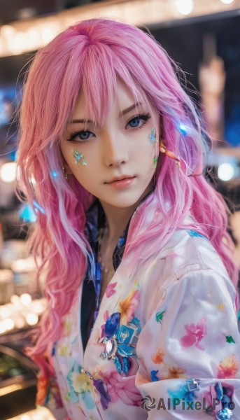 1girl,solo,long hair,looking at viewer,bangs,blue eyes,jewelry,closed mouth,upper body,pink hair,earrings,japanese clothes,kimono,blurry,lips,grey eyes,eyelashes,makeup,depth of field,blurry background,watermark,facial mark,floral print,animal print,web address,yukata,pink lips,realistic,nose,fish print,hair between eyes,artist name,wavy hair,piercing,goldfish