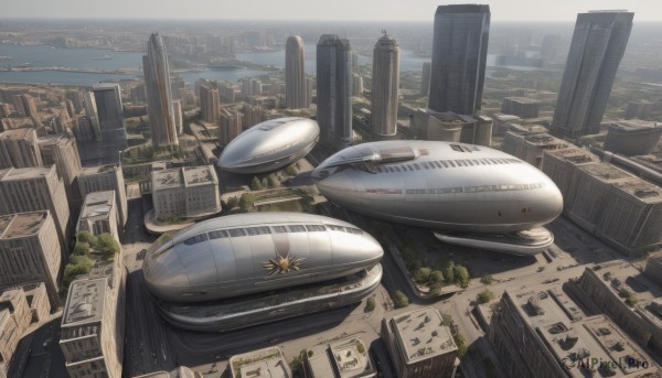 outdoors,sky,day,cloud,tree,no humans,ocean,building,scenery,science fiction,city,aircraft,cityscape,watercraft,vehicle focus,skyscraper,spacecraft,from above,river,landscape