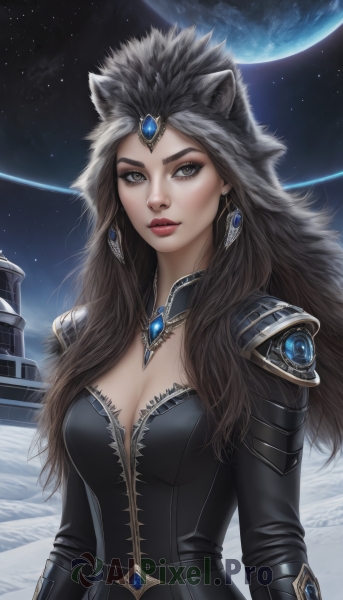 1girl,solo,long hair,breasts,looking at viewer,brown hair,animal ears,cleavage,brown eyes,jewelry,medium breasts,upper body,earrings,sky,armor,black dress,lips,grey eyes,makeup,lipstick,shoulder armor,gem,star (sky),starry sky,realistic,nose,red lips,space,planet,earth (planet),black hair,dress,outdoors,artist name,signature,necklace,night,moon,thick eyebrows,night sky,eyeshadow,headpiece