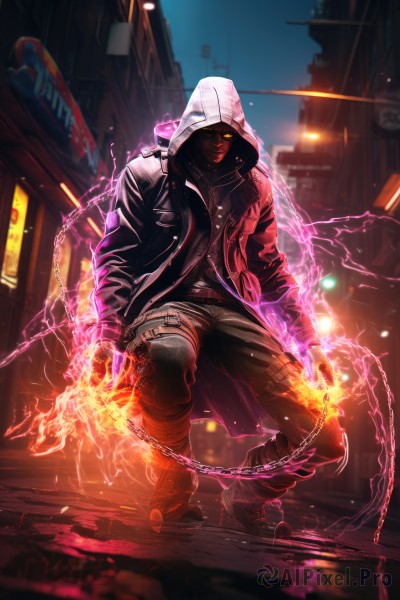 solo,looking at viewer,1boy,jewelry,jacket,full body,yellow eyes,male focus,boots,outdoors,open clothes,sky,belt,pants,dark skin,hood,blurry,open jacket,black jacket,hoodie,mask,night,glowing,chain,squatting,fire,building,glowing eyes,claws,hood up,city,electricity,leather,leather jacket,hooded jacket