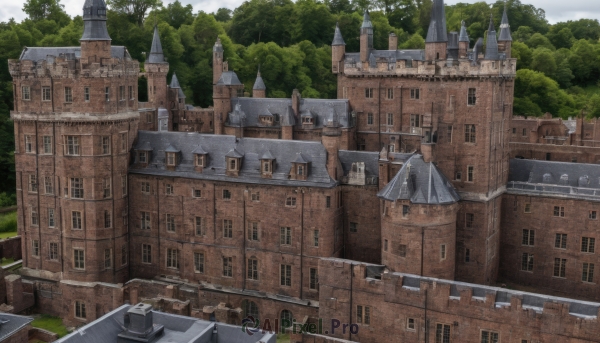 outdoors,sky,day,cloud,tree,no humans,window,building,nature,scenery,forest,architecture,house,castle,tower,city,fantasy,cityscape