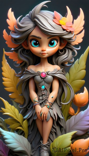 1girl,solo,long hair,breasts,looking at viewer,blue eyes,hair ornament,dress,bare shoulders,jewelry,sitting,flower,grey hair,wings,hair flower,chibi,bracelet,aqua eyes,lips,eyelashes,leaf,ring,plant,strapless dress,simple background,closed mouth,standing,collarbone,full body,earrings,small breasts,shoes,pointy ears,artist name,watermark,crossed legs,own hands together,gem,web address,v arms,fairy,grey dress