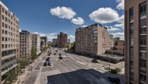 outdoors,sky,day,cloud,tree,blue sky,no humans,window,shadow,sunlight,cloudy sky,ground vehicle,building,scenery,motor vehicle,city,car,road,cityscape,lamppost,street,skyscraper,road sign,traffic light,crosswalk,real world location,ruins,truck,bus,tire