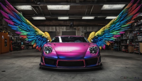 wings,indoors,no humans,ground vehicle,scenery,feathered wings,motor vehicle,car,vehicle focus,blue wings,sports car,colorful,multicolored wings,spread wings