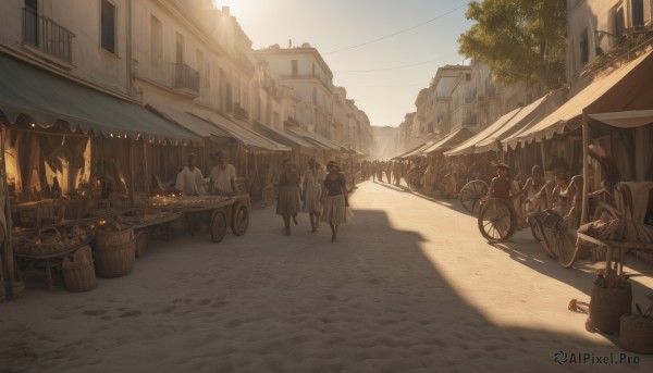 1girl,multiple girls,outdoors,multiple boys,sky,day,bag,tree,window,shadow,sunlight,ground vehicle,building,scenery,motor vehicle,walking,6+boys,city,road,house,horse,street,bicycle,town,barrel,people,cart,food,signature,fantasy,basket,riding,crowd