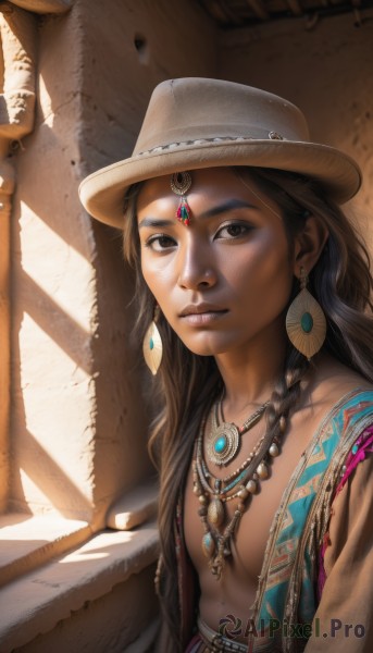 1girl,solo,long hair,breasts,looking at viewer,brown hair,black hair,1boy,hat,brown eyes,jewelry,closed mouth,upper body,braid,male focus,earrings,open clothes,dark skin,necklace,vest,lips,watermark,sunlight,gem,freckles,realistic,nose,open vest,cowboy hat,collarbone,small breasts,dark-skinned female,no bra,tribal