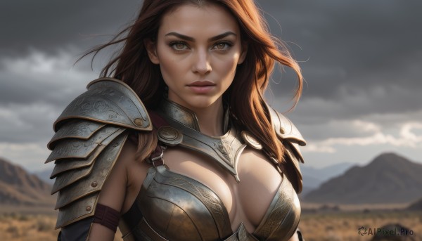 1girl,solo,long hair,breasts,looking at viewer,large breasts,brown hair,cleavage,brown eyes,medium breasts,closed mouth,upper body,outdoors,sky,day,cloud,armor,blurry,lips,blurry background,cloudy sky,wind,shoulder armor,forehead,pauldrons,mountain,realistic,nose,bikini armor,shoulder pads,serious