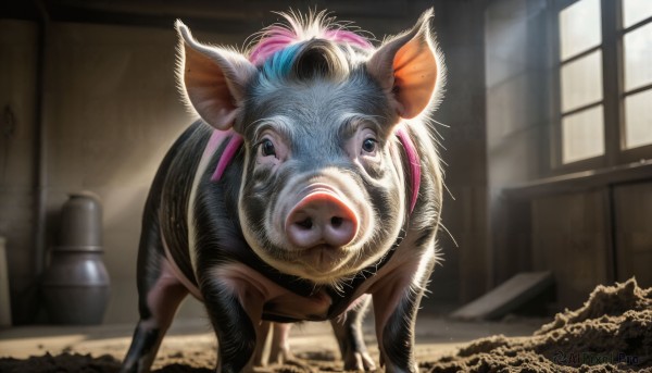 HQ,solo,looking at viewer,standing,full body,day,indoors,blurry,black eyes,no humans,window,depth of field,blurry background,animal,sunlight,realistic,animal focus,pig,closed mouth,light rays,door,white fur,mouse