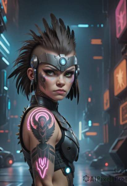 A cyborg amidst a idyllic dynamic scene