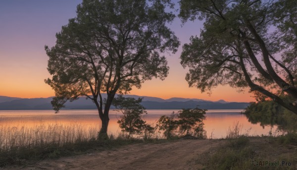 outdoors,sky,cloud,water,tree,no humans,grass,plant,nature,scenery,forest,sunset,mountain,horizon,river,twilight,evening,landscape,mountainous horizon,lake,gradient sky,path,ocean,reflection,purple sky