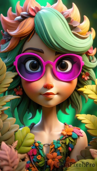 1girl,solo,looking at viewer,smile,short hair,bangs,hair ornament,bare shoulders,brown eyes,closed mouth,collarbone,upper body,flower,heart,multicolored hair,green hair,glasses,artist name,hair flower,blurry,lips,eyelashes,makeup,leaf,watermark,sunglasses,plant,lipstick,portrait,pink flower,freckles,nose,tinted eyewear,pink-framed eyewear,pink-tinted eyewear,jewelry,earrings,necklace,orange hair,monster girl,flower necklace,purple-framed eyewear