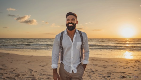 solo,looking at viewer,smile,short hair,shirt,black hair,long sleeves,1boy,jewelry,standing,white shirt,male focus,cowboy shot,earrings,outdoors,sky,collared shirt,pants,cloud,dark skin,water,dress shirt,buttons,facial hair,ocean,beach,dark-skinned male,suspenders,beard,sleeves rolled up,sunset,hand in pocket,mustache,sand,sun,horizon,brown pants,undercut,very dark skin,shore,chest hair,photo background