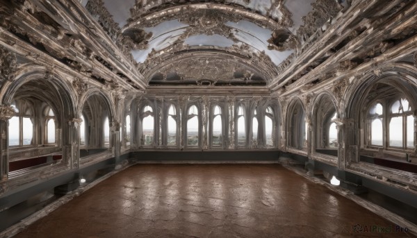 sky,day,cloud,indoors,water,no humans,window,sunlight,building,scenery,stairs,architecture,bridge,pillar,gears,church,arch,chandelier,column,wooden floor,ruins,ceiling