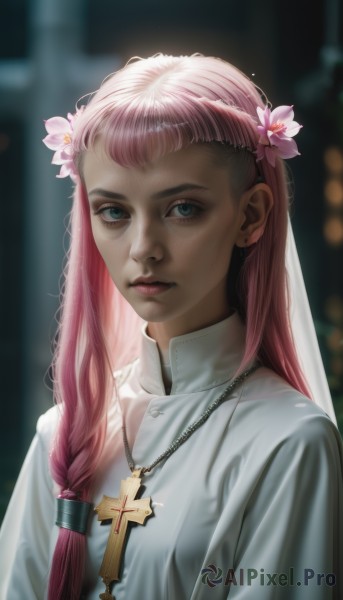 1girl,solo,long hair,looking at viewer,bangs,blue eyes,hair ornament,dress,jewelry,closed mouth,upper body,pink hair,braid,flower,artist name,hair flower,necklace,white dress,blurry,lips,eyelashes,blurry background,cross,veil,hair over shoulder,pink flower,freckles,realistic,nose,nun,habit,cross necklace,green eyes,earrings,shiny,makeup,stud earrings,cross earrings,latin cross