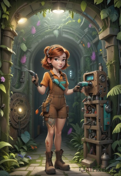 1girl,solo,looking at viewer,smile,short hair,bangs,brown hair,shirt,gloves,holding,brown eyes,closed mouth,standing,collarbone,full body,ponytail,weapon,flower,short sleeves,hairband,boots,shorts,belt,artist name,indoors,fingerless gloves,holding weapon,lips,gun,tattoo,swept bangs,glowing,leaf,brown footwear,thick eyebrows,suspenders,plant,robot,holding gun,bandaid,brown gloves,handgun,cross-laced footwear,freckles,pouch,nose,purple flower,lace-up boots,tiles,ankle boots,overalls,vines,dirty,brown shorts,bandaid on leg,leg tattoo,bandaid on knee,wrench,dirty face,industrial pipe,dirty clothes,overgrown,machine,flashlight,tools,overall shorts,hair ornament,jewelry,earrings,orange hair,black eyes,web address,bandaid on face,holster,belt pouch,steampunk