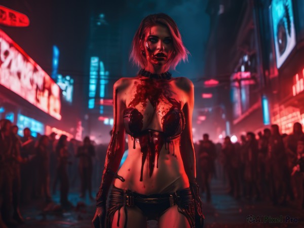 1girl,solo,breasts,looking at viewer,short hair,large breasts,gloves,navel,cleavage,bare shoulders,jewelry,medium breasts,underwear,standing,panties,pink hair,cowboy shot,earrings,outdoors,solo focus,choker,midriff,bra,blurry,collar,lips,blood,makeup,night,lipstick,blood on face,city,realistic,blood on clothes,zombie,blood splatter,crowd,death,cyberpunk,neon lights,belt