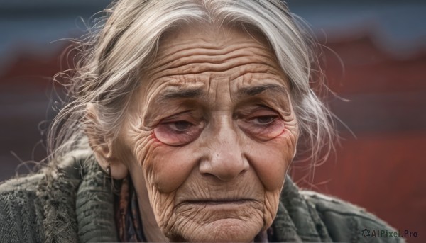 solo,blue eyes,1boy,jewelry,closed mouth,white hair,grey hair,male focus,earrings,blurry,looking to the side,grey eyes,blurry background,facial hair,scar,looking away,portrait,realistic,old,old man,old woman,wrinkled skin,looking at viewer,artist name,signature,frown,half-closed eyes,messy hair