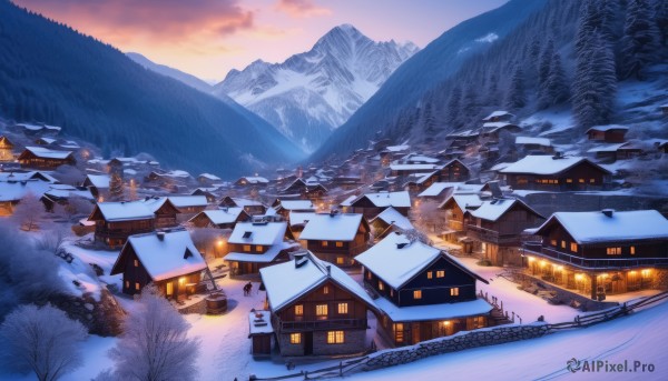 outdoors,sky,cloud,tree,no humans,window,building,nature,scenery,snow,forest,sunset,mountain,road,architecture,house,winter,bare tree,landscape,mountainous horizon,town,pine tree,water,watercraft,east asian architecture,river,lake