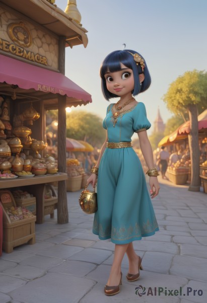 1girl,solo,breasts,looking at viewer,smile,short hair,bangs,black hair,hair ornament,dress,holding,brown eyes,jewelry,closed mouth,blue hair,standing,collarbone,full body,ahoge,short sleeves,hairband,earrings,small breasts,outdoors,food,sky,shoes,solo focus,day,puffy sleeves,belt,artist name,signature,dark skin,blunt bangs,necklace,bag,nail polish,black footwear,blurry,high heels,bracelet,dark-skinned female,tree,cup,blue sky,puffy short sleeves,lips,fingernails,sash,eyelashes,makeup,fruit,depth of field,blurry background,blue dress,umbrella,watermark,brown footwear,table,sunlight,bob cut,ring,crossed legs,light smile,lipstick,building,gem,red nails,pink nails,pendant,blue nails,backlighting,arm at side,long fingernails,walking,handbag,pink lips,nose,long dress,basket,bangle,road,holding bag,teapot,bread,pearl necklace,shop,town,pavement,stone floor,sidewalk,food stand,storefront,sign