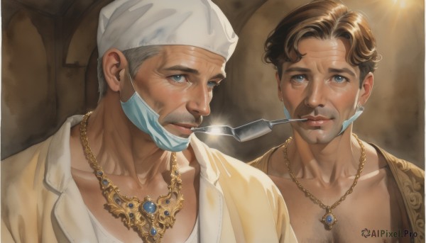 looking at viewer,short hair,blue eyes,brown hair,shirt,hat,jewelry,collarbone,white shirt,upper body,grey hair,male focus,multiple boys,2boys,necklace,mask,facial hair,mouth hold,beard,realistic,mustache,mouth mask,smoking,old,dirty,surgical mask,mask pull,sick,holding,closed mouth,lips,pectorals,gem,portrait,glint,manly,chest hair,mask removed