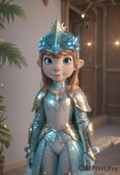 1girl,solo,long hair,looking at viewer,smile,blue eyes,blonde hair,brown hair,gloves,jewelry,closed mouth,standing,earrings,pointy ears,indoors,medium hair,armor,blurry,flat chest,see-through,bodysuit,blurry background,cameltoe,crown,shoulder armor,child,freckles,pauldrons,breastplate,arms at sides,blue gloves,female child,plate armor,lips,helmet,plant