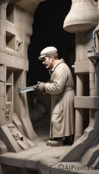 solo,short hair,brown hair,gloves,long sleeves,1boy,hat,holding,standing,full body,male focus,boots,indoors,from side,coat,facial hair,white headwear,brown footwear,knife,brown gloves,mustache,industrial pipe,teeth,white gloves,uniform,profile,robe,sideburns,realistic